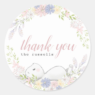 Sticker Rond baby shower floral bébé lapin
