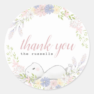 Sticker Rond baby shower floral bébé lapin