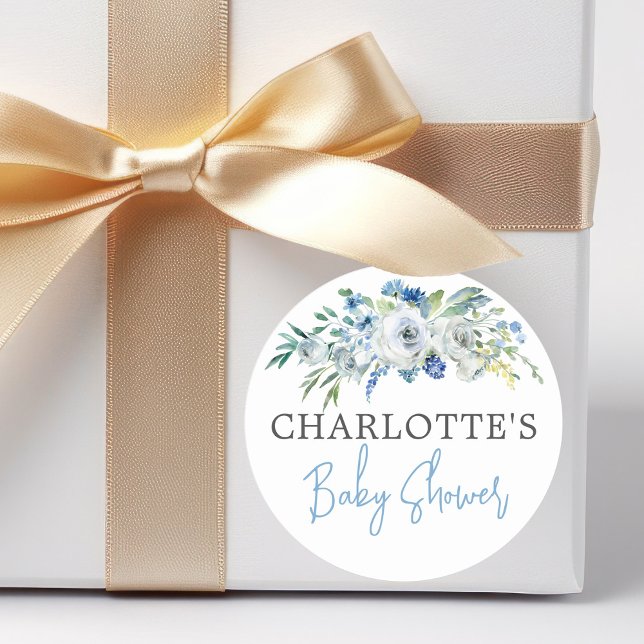 Sticker Rond Baby shower Floral bleu blanc personnalisé (Créateur téléchargé)