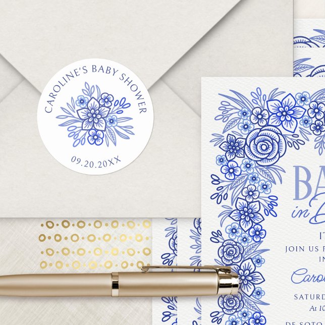 Sticker Rond Baby Shower Floral Bleu Français (Créateur téléchargé)