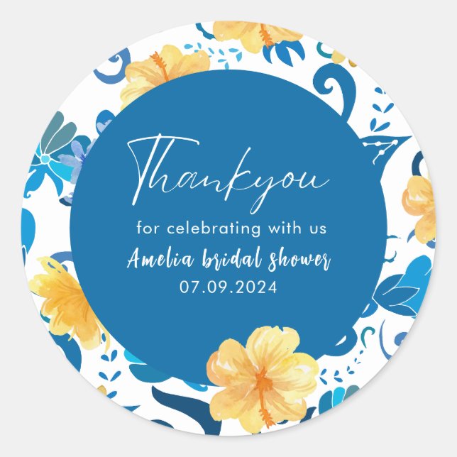 Sticker Rond Baby shower floral bleu italien  (Devant)