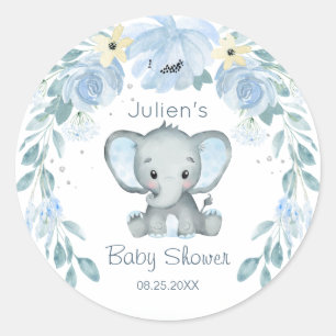 Sticker Rond Baby shower Floral Blue Elephant