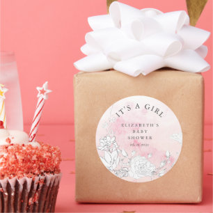 Sticker Rond baby shower floral clair moderne C'est une fille