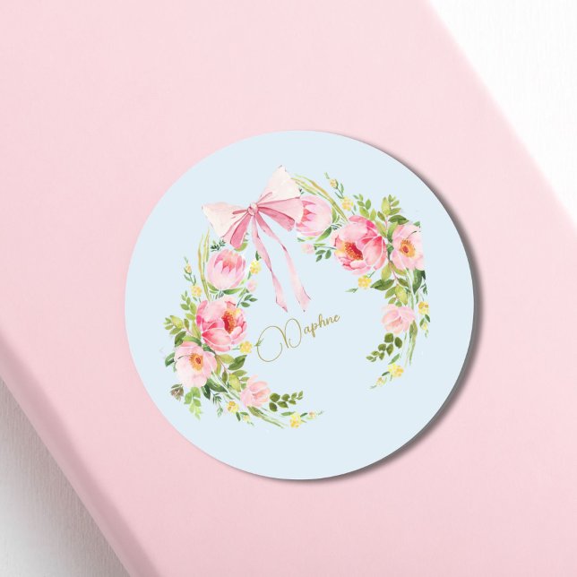 Sticker Rond Baby shower Floral Crest Regency Bow rose Bleu (Créateur téléchargé)