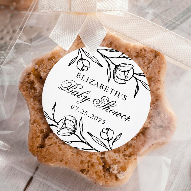 Sticker Rond Baby shower floral croisé noir et blanc (Créateur téléchargé)