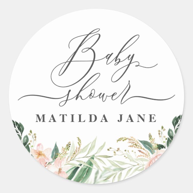 Sticker Rond Baby shower floral d'aquarelle rose vif (Devant)