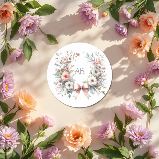 Sticker Rond Baby shower floral de Bow romantique Monogramme (Romantic Bow Floral Baby Shower Monogram Classic Round Sticker)