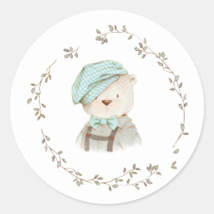 Sticker Rond Baby shower floral de l'ours en peluche