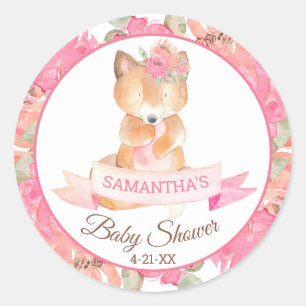 Sticker Rond Baby shower Floral de renard boisé doux