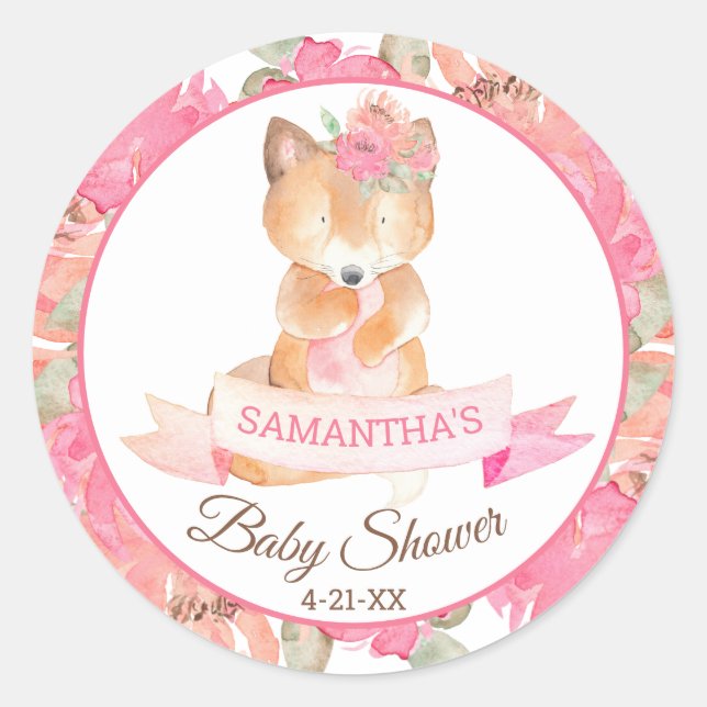Sticker Rond Baby shower Floral de renard boisé doux (Devant)