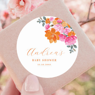Sticker Rond Baby shower floral d'été rose et orange