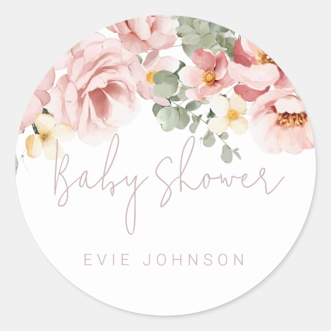 Sticker Rond Baby shower floral Dusty Rose (Devant)