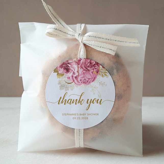 Sticker Rond Baby shower floral Merci or rose (Créateur téléchargé)