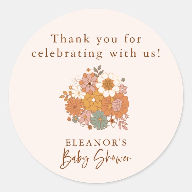 Sticker Rond Baby shower Floral Retro Merci Boho (Devant)