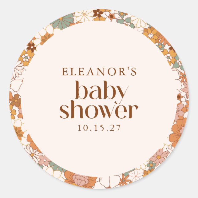 Sticker Rond Baby shower Floral Retro Terracotta Boho (Devant)