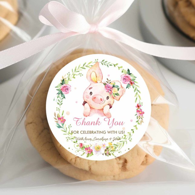 Sticker Rond Baby shower Floral Rose Piggy Cute Anniversaire Pr (Créateur téléchargé)