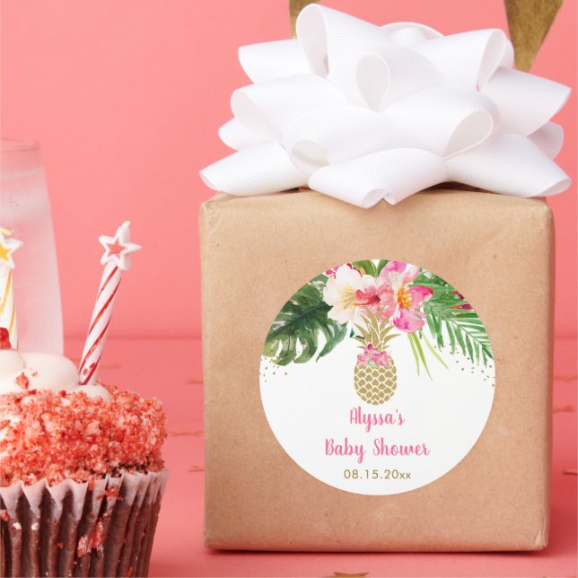 Sticker Rond Baby shower floral tropical à ananas (Fête)