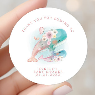Sticker Rond Baby shower Floral Watercolor Whales Merci