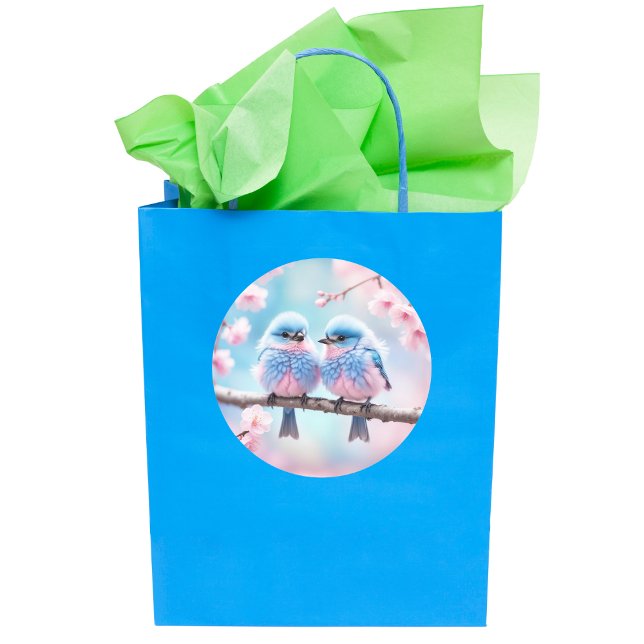 Sticker Rond Baby shower Fluffy Bluebirds et Cherry Blossom (A sweet pastel birds sticker to decorate your gift bag or scrapbook.)