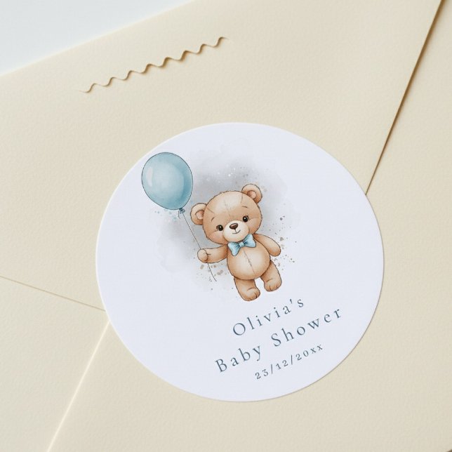 Sticker Rond Baby Shower for Boy Blue Balloon Teddy Bear (Créateur téléchargé)