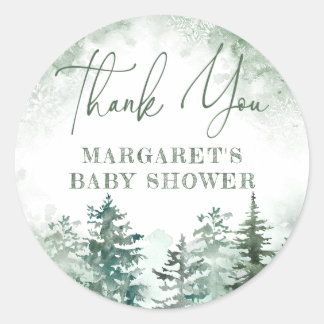Sticker Rond baby shower forestier d'hiver Merci