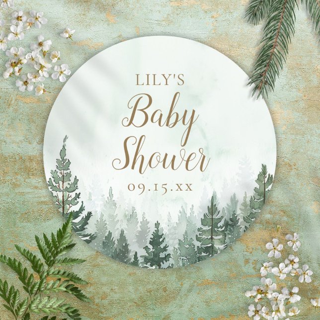 Sticker Rond Baby shower forestier rustique de pins (Rustic Pine Tree Forest Baby Shower Classic Round Sticker)