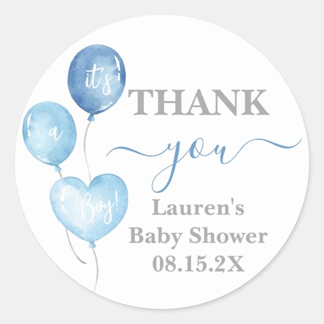 Sticker rond Baby shower Garçon Bleu Ballons (Devant)