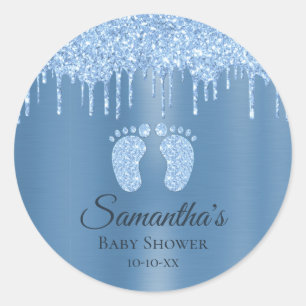 Sticker Rond Baby shower Garçon bleu Parties scintillant pieds 