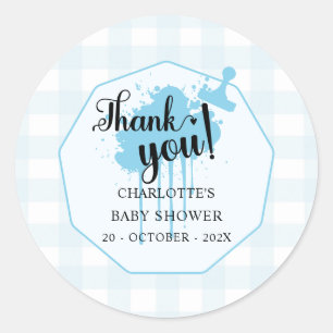Sticker Rond Baby Shower Gingham Bleu Pastel Mignon
