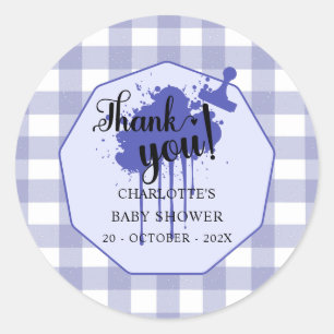 Sticker Rond Baby Shower Gingham Navy Pastel Mignon