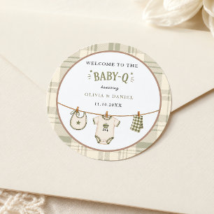 Sticker Rond Baby-Shower Gingham Vert Sauge BBQ Vintage