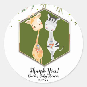 Sticker Rond Baby Shower Girafe & Zèbre à l'aquarelle tropicale