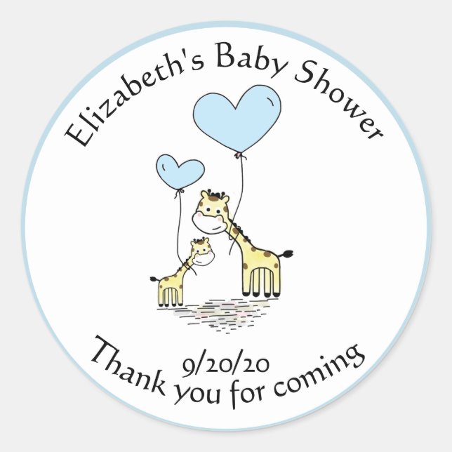 Sticker Rond Baby shower Giraffe Blue Balloon Merci Favor (Devant)