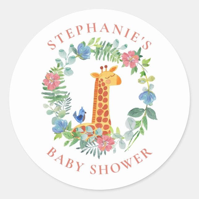 Sticker Rond Baby shower Giraffe Floral Wreath Personnalisé (Devant)