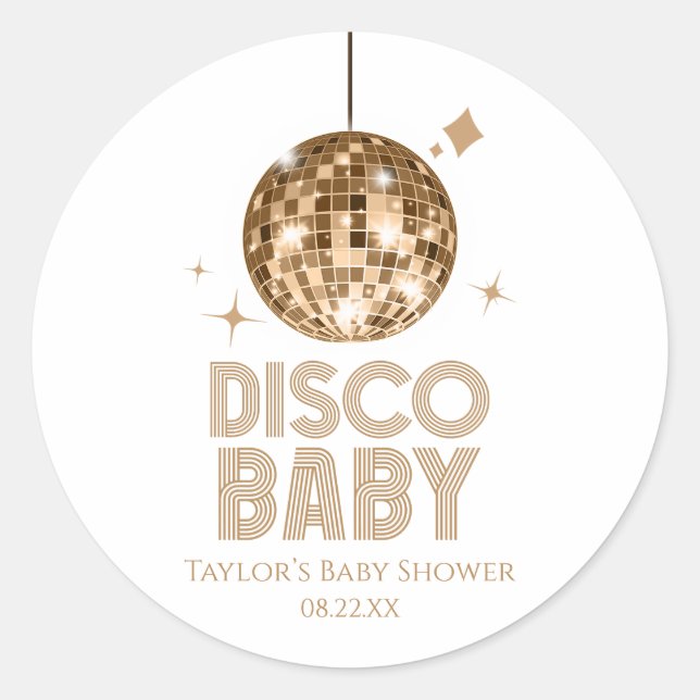 Sticker Rond Baby shower Gold Disco Ball "Disco Baby" (Devant)