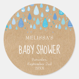 Sticker Rond Baby shower gouttes de pluie bleu bébé kraft rusti