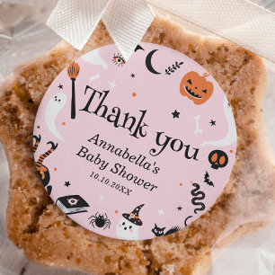 Sticker Rond Baby shower Halloween fantôme rose Merci
