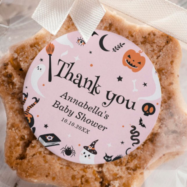 Sticker Rond Baby shower Halloween fantôme rose Merci (Créateur téléchargé)