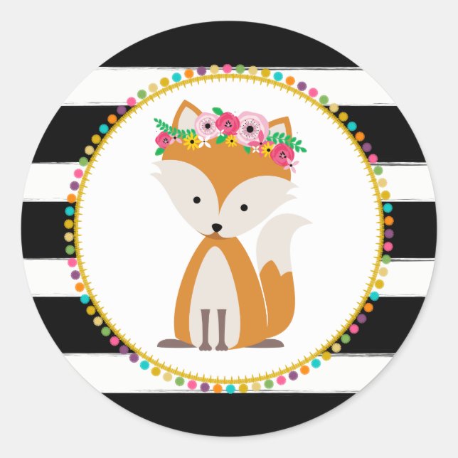 Sticker Rond Baby shower inspiré par Boho Fox Striped Pompom (Devant)