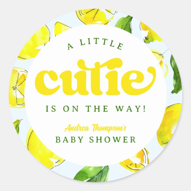 Sticker Rond Baby shower jaune citron rétro Little Cutie (Devant)