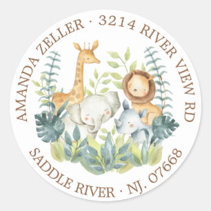 Sticker Rond Baby shower Jungle Animaux Adresse de retour Label