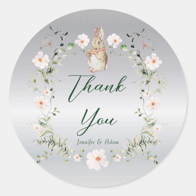 Sticker Rond Baby shower lapin floral argenté (Devant)
