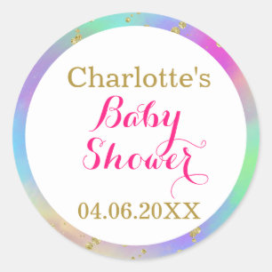 Sticker Rond Baby Shower Licorne Coloré Paillettes Dorées Fille