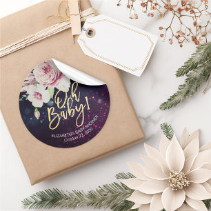 Sticker Rond Baby shower Merci Floral Plumes Purple Lumières