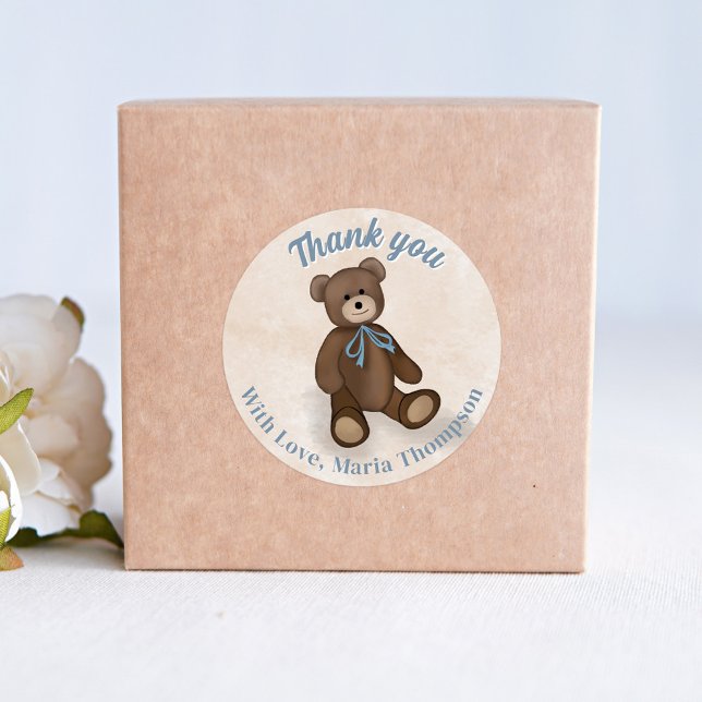 Sticker Rond Baby shower Merci mignon ours en peluche (Cute Baby Shower custom sticker)