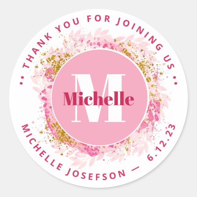 Sticker Rond Baby shower Merci Monogramme Parties scintillant a (Devant)