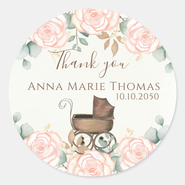 Sticker Rond Baby shower Merci rose Aquarelle Fleurs (Devant)