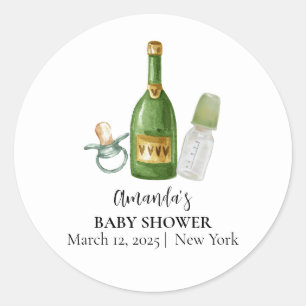 Sticker Rond Baby shower minimal vert Poppin Champagne bouteill
