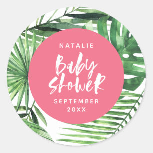Sticker Rond Baby shower moderne de feuillage tropical rose