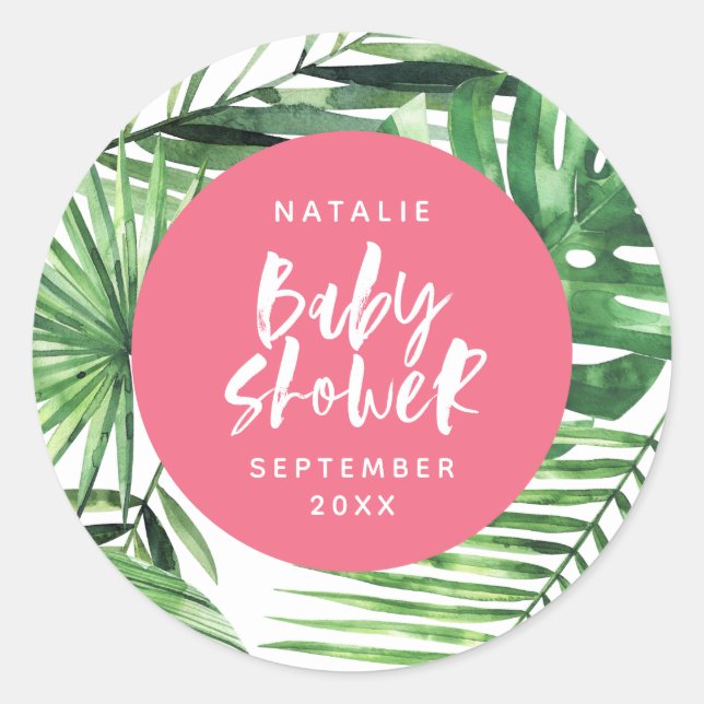 Sticker Rond Baby shower moderne de feuillage tropical rose (Devant)